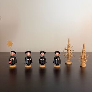 Wooden Choir Singers Carolers and Trees 6 Piece Set